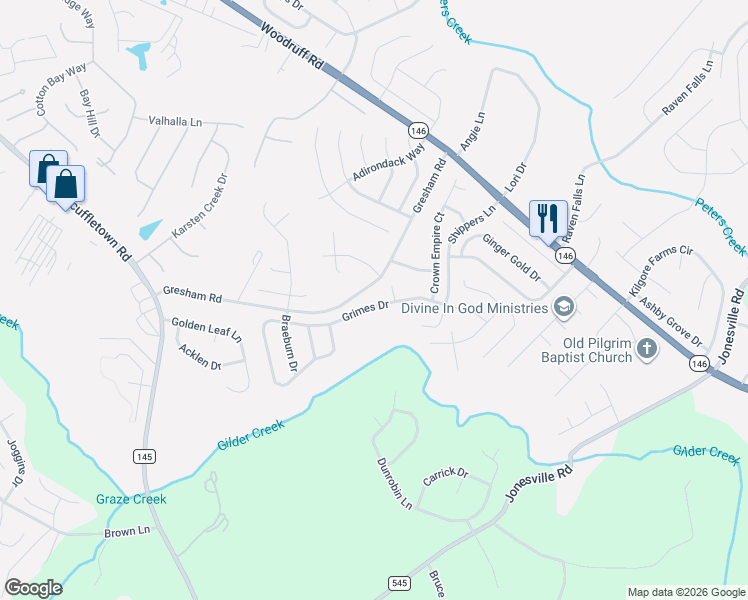 map of restaurants, bars, coffee shops, grocery stores, and more near 215 Grimes Drive in Simpsonville