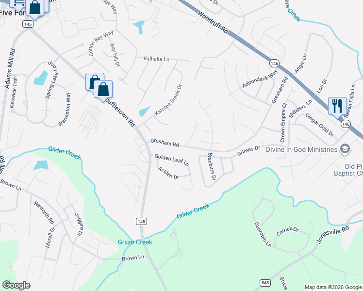 map of restaurants, bars, coffee shops, grocery stores, and more near 117 Gresham Road in Simpsonville