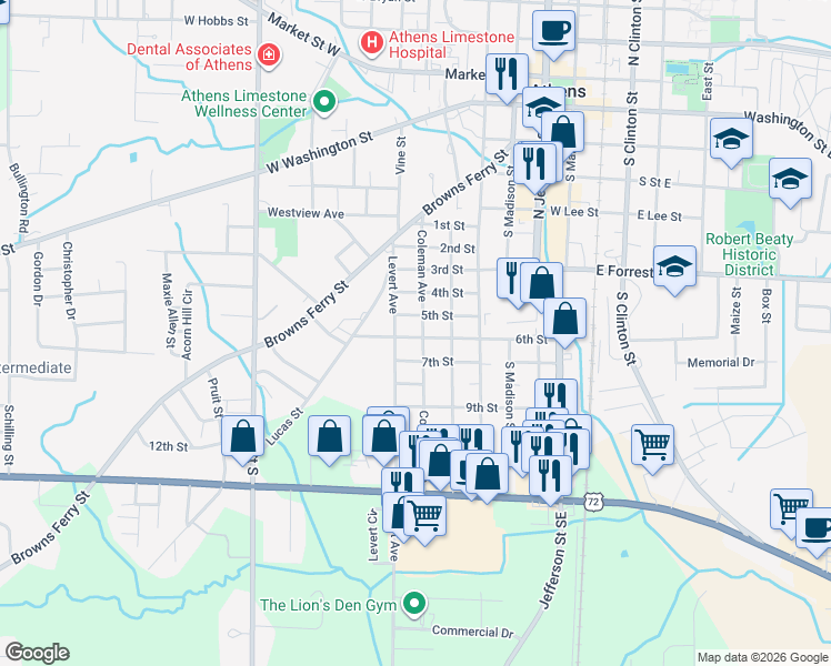 map of restaurants, bars, coffee shops, grocery stores, and more near 703 5th Avenue in Athens
