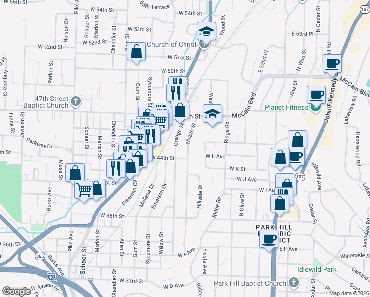 map of restaurants, bars, coffee shops, grocery stores, and more near 4413 Maple Street in North Little Rock