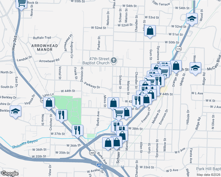 map of restaurants, bars, coffee shops, grocery stores, and more near 1201 Parkway Drive in North Little Rock