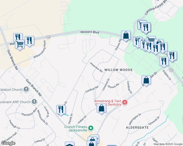 map of restaurants, bars, coffee shops, grocery stores, and more near 617 Dennis Road in Jacksonville