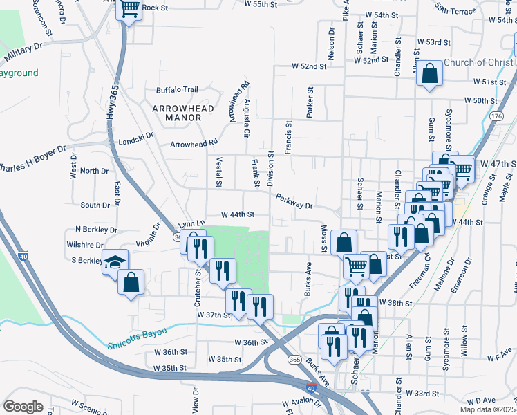 map of restaurants, bars, coffee shops, grocery stores, and more near 1613 West 44th Street in North Little Rock