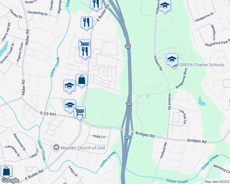 map of restaurants, bars, coffee shops, grocery stores, and more near 266 Hadley Commons Drive in Mauldin