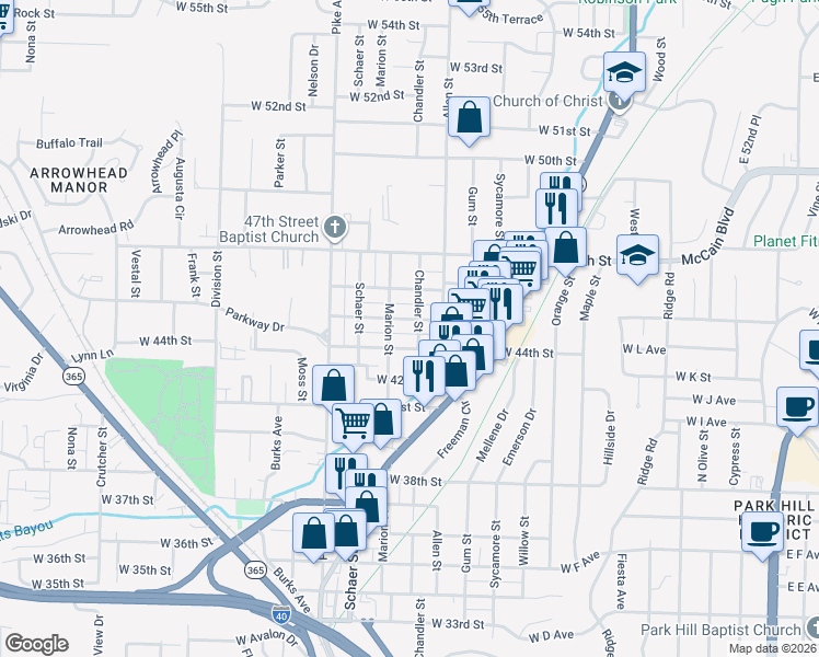 map of restaurants, bars, coffee shops, grocery stores, and more near 722 West 45th Street in North Little Rock