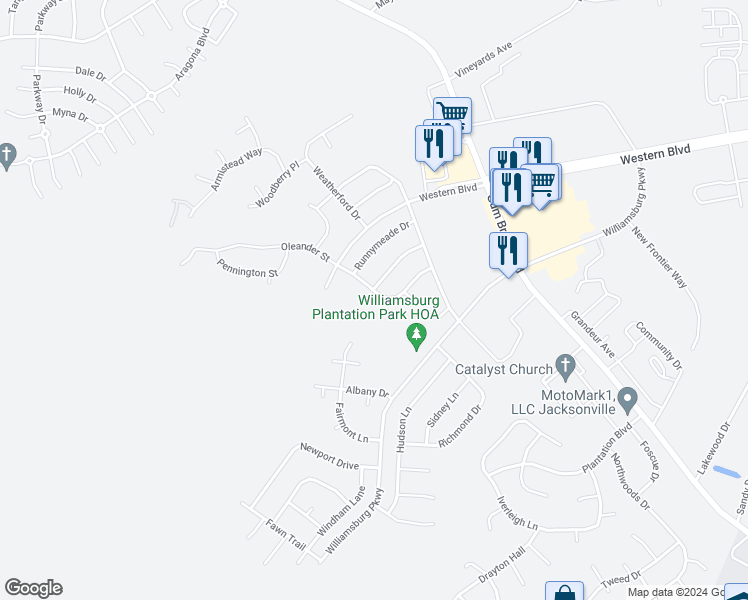 map of restaurants, bars, coffee shops, grocery stores, and more near 209 London Berry Lane in Jacksonville