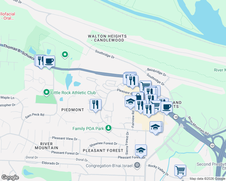 map of restaurants, bars, coffee shops, grocery stores, and more near 11901 Pleasant Ridge Road in Little Rock