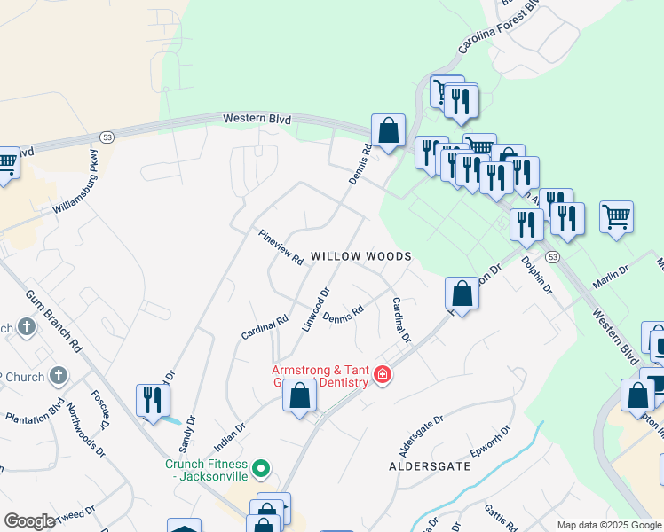 map of restaurants, bars, coffee shops, grocery stores, and more near 315 Linwood Drive in Jacksonville