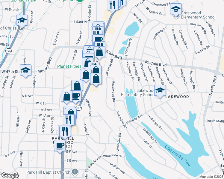map of restaurants, bars, coffee shops, grocery stores, and more near 4412 Hazelwood Road in North Little Rock