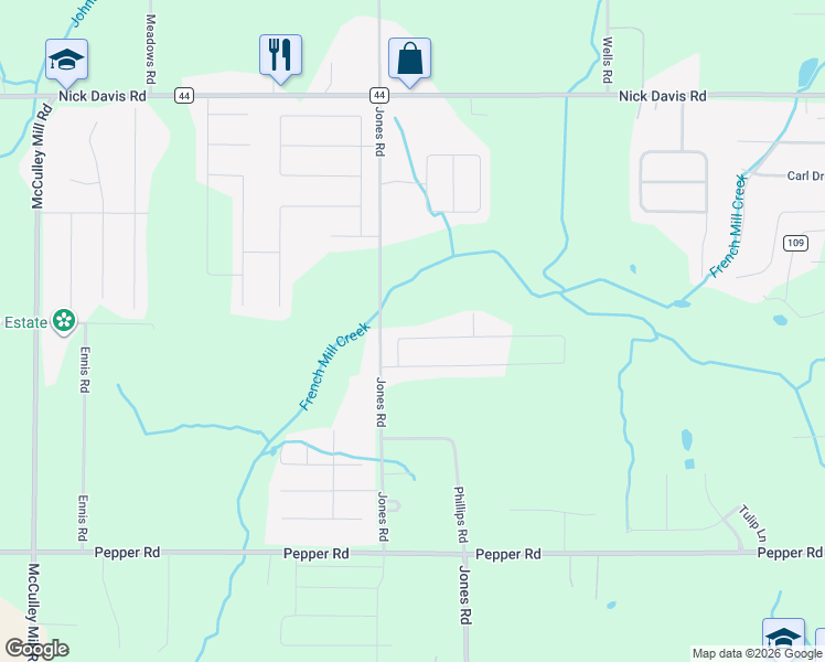 map of restaurants, bars, coffee shops, grocery stores, and more near 16459 Jones Road in Athens