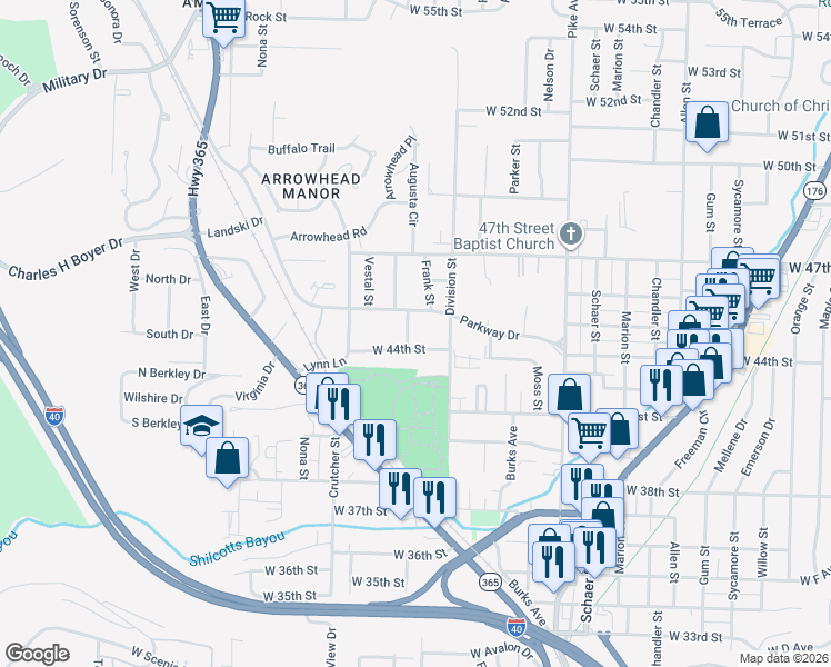 map of restaurants, bars, coffee shops, grocery stores, and more near 1613 West 44th Street in North Little Rock