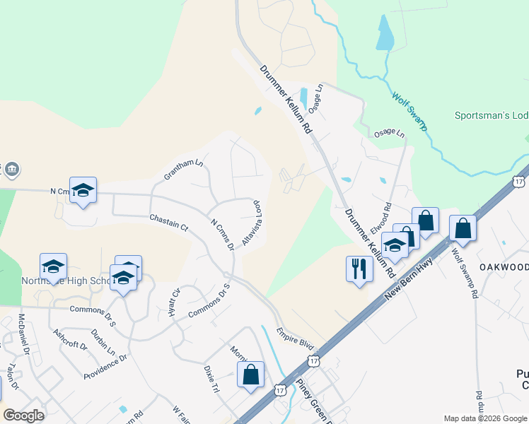 map of restaurants, bars, coffee shops, grocery stores, and more near 300 Altavista Loop in Jacksonville