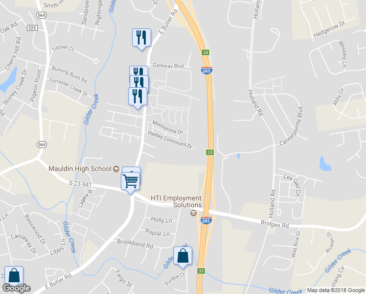 map of restaurants, bars, coffee shops, grocery stores, and more near 266 Hadley Commons Drive in Mauldin