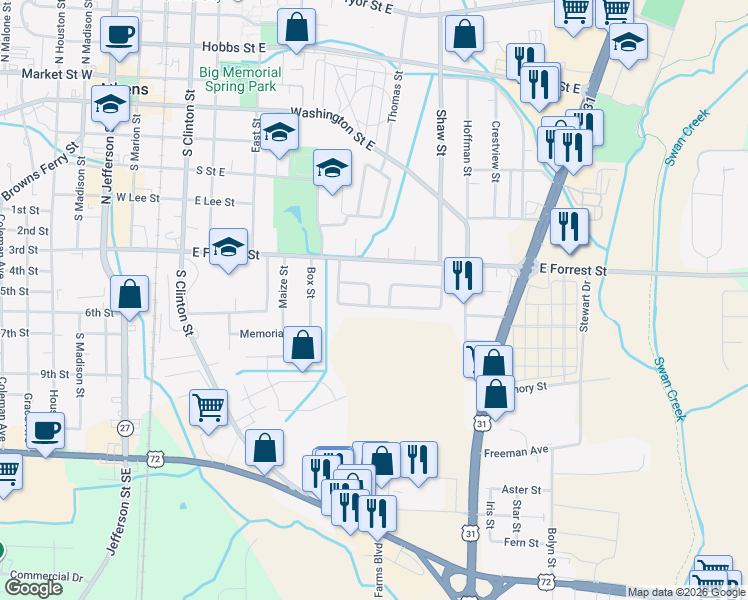 map of restaurants, bars, coffee shops, grocery stores, and more near 801 Hereford Drive in Athens