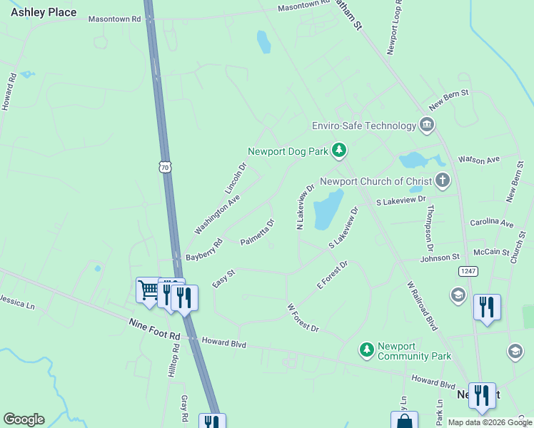 map of restaurants, bars, coffee shops, grocery stores, and more near 102 Palmetta Drive in Newport
