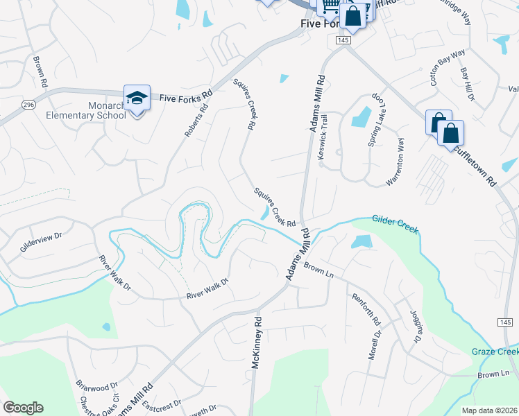 map of restaurants, bars, coffee shops, grocery stores, and more near 121 Squires Creek Road in Simpsonville