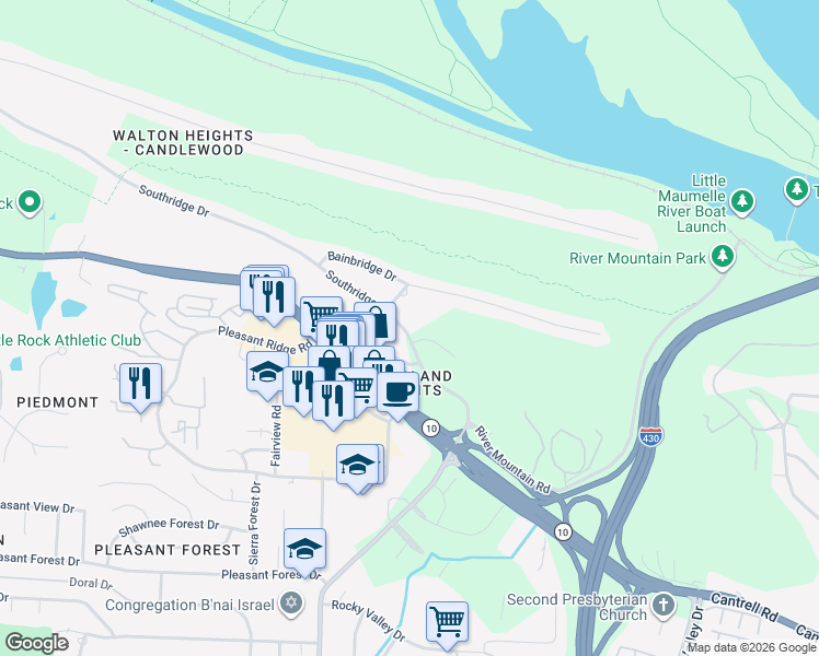 map of restaurants, bars, coffee shops, grocery stores, and more near 11300 Southridge Drive in Little Rock