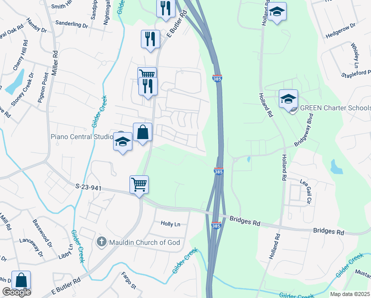 map of restaurants, bars, coffee shops, grocery stores, and more near 266 Hadley Commons Drive in Mauldin