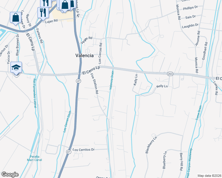 map of restaurants, bars, coffee shops, grocery stores, and more near 13B Fire Station Road in Los Lunas