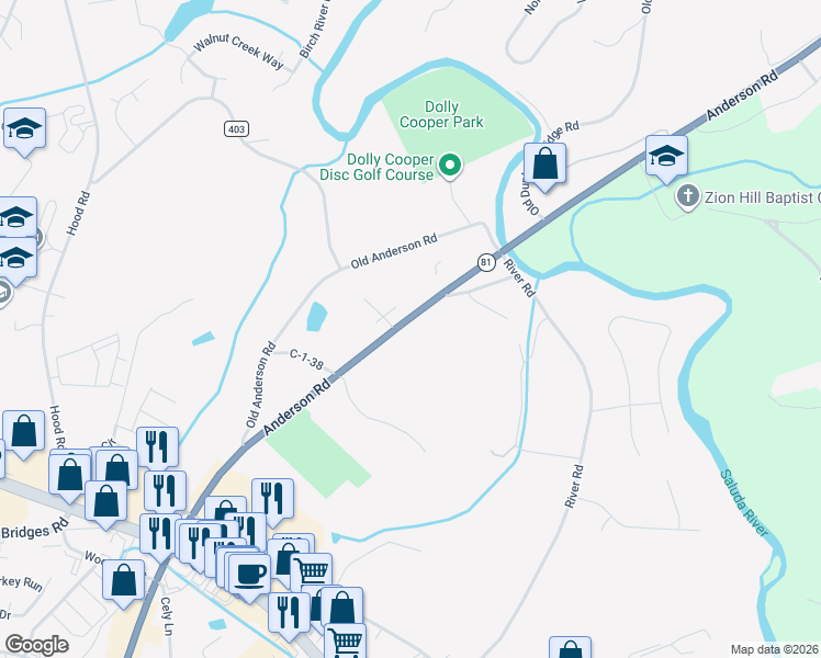 map of restaurants, bars, coffee shops, grocery stores, and more near 11636 Anderson Road in Greenville