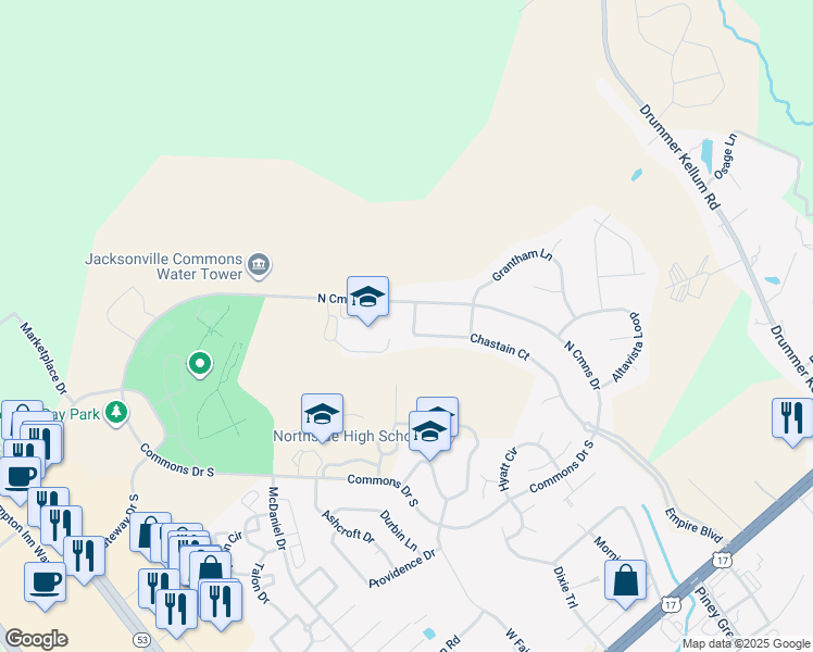 map of restaurants, bars, coffee shops, grocery stores, and more near 102 Chastain Court in Jacksonville