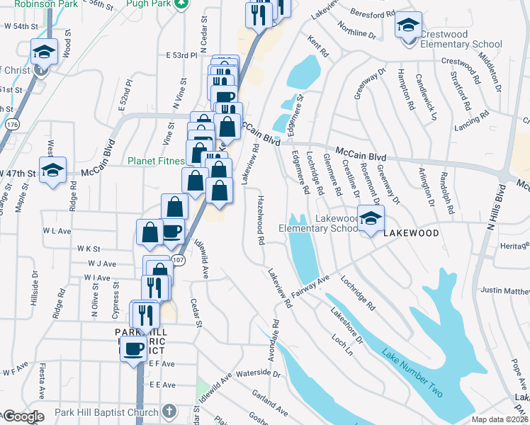 map of restaurants, bars, coffee shops, grocery stores, and more near 4412 Hazelwood Road in North Little Rock