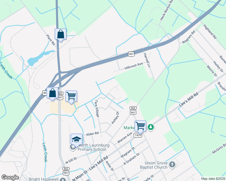 map of restaurants, bars, coffee shops, grocery stores, and more near 1503 Tara Village in Laurinburg