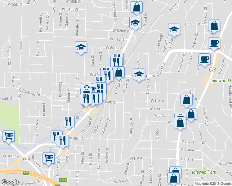 map of restaurants, bars, coffee shops, grocery stores, and more near 4500 North Orange Street in North Little Rock