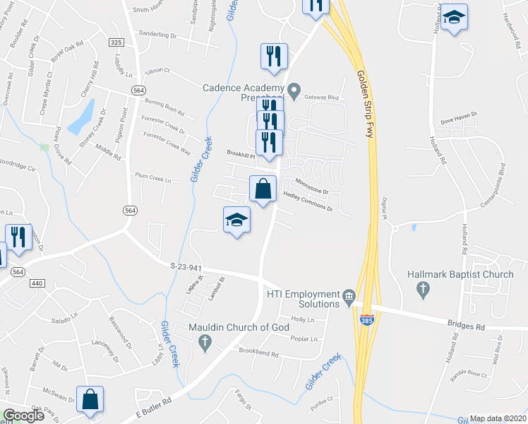 map of restaurants, bars, coffee shops, grocery stores, and more near 741 East Butler Road in Mauldin