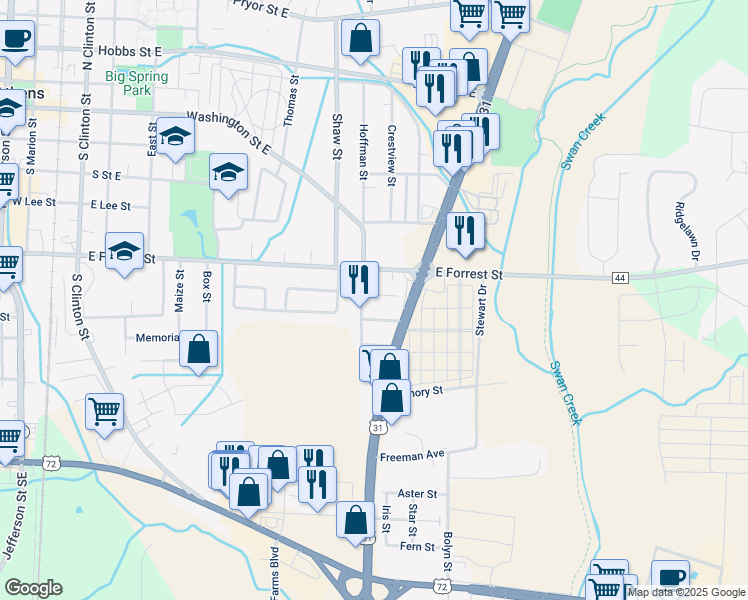 map of restaurants, bars, coffee shops, grocery stores, and more near 1102 Winston Drive in Athens