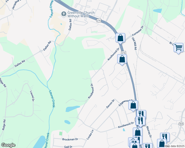 map of restaurants, bars, coffee shops, grocery stores, and more near 845 Knollwood Drive in Greenville