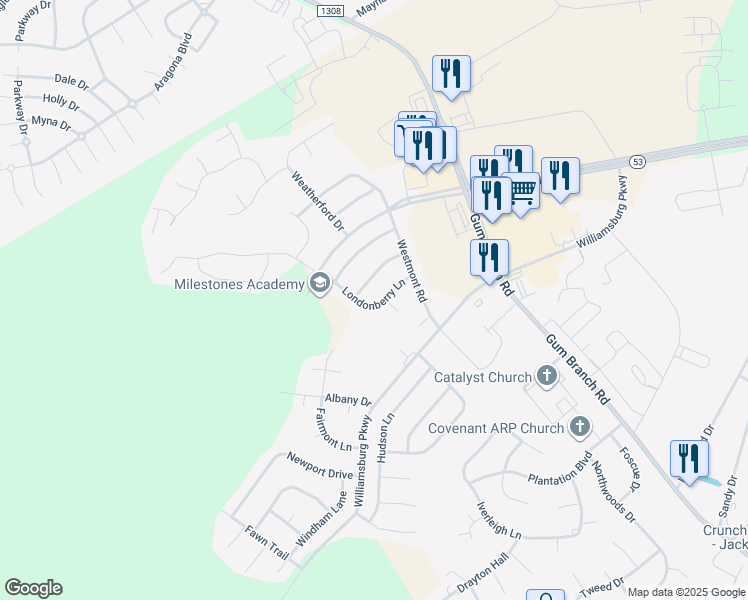 map of restaurants, bars, coffee shops, grocery stores, and more near 200 Londonberry Lane in Jacksonville