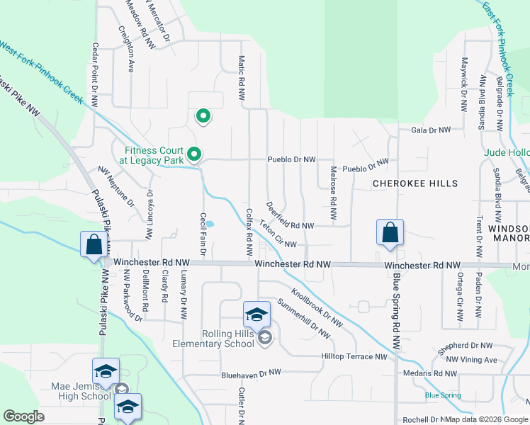 map of restaurants, bars, coffee shops, grocery stores, and more near 3118 Teton Circle Northwest in Huntsville