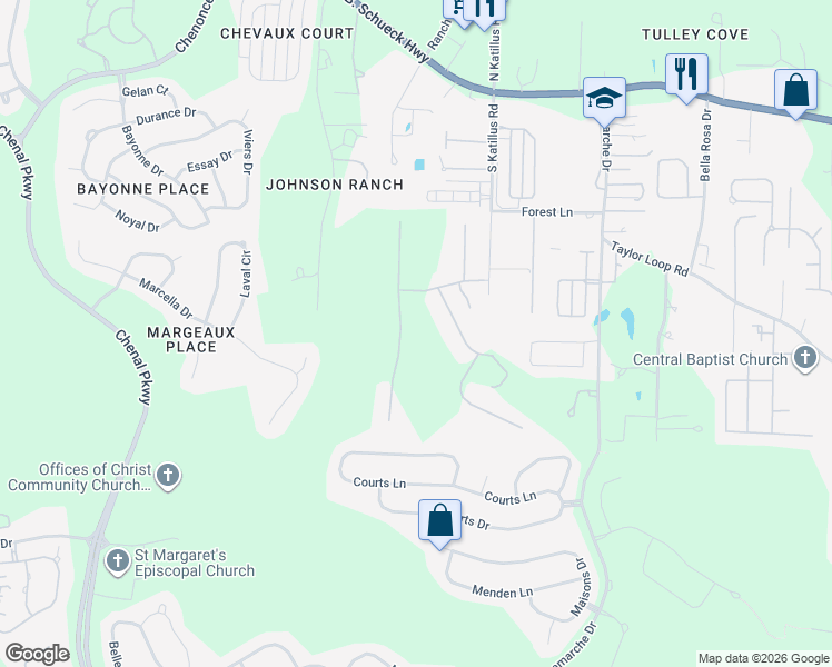 map of restaurants, bars, coffee shops, grocery stores, and more near 16 Spring Valley Lane in Little Rock