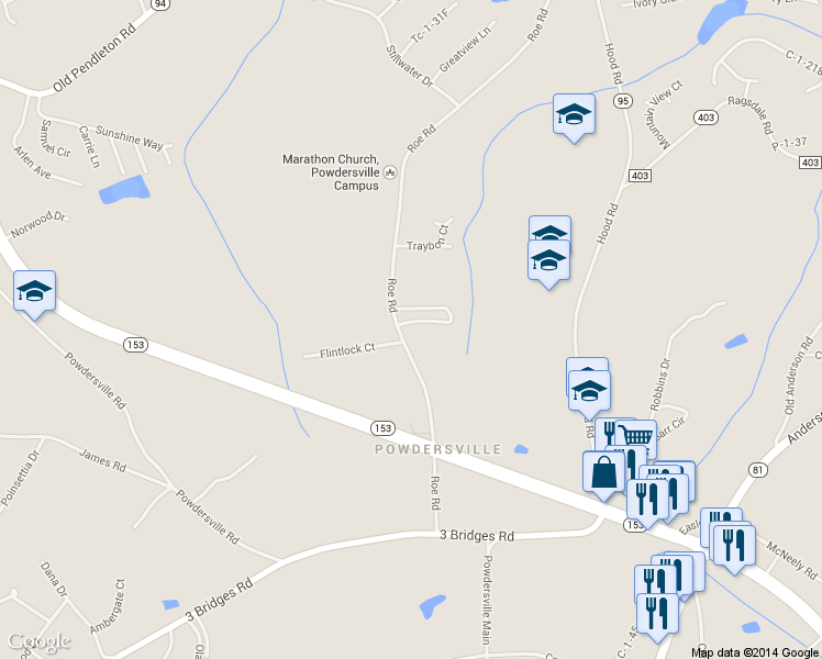 map of restaurants, bars, coffee shops, grocery stores, and more near 202 Roe Road in Greenville