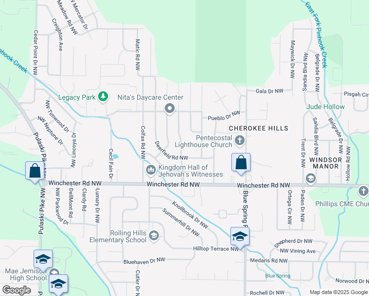map of restaurants, bars, coffee shops, grocery stores, and more near 6104 Valley Park Drive Northwest in Huntsville