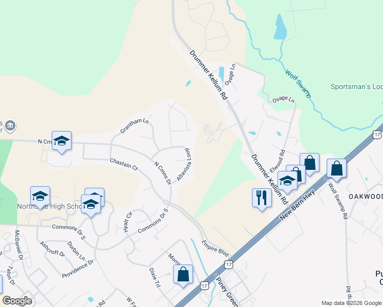 map of restaurants, bars, coffee shops, grocery stores, and more near 300 Altavista Loop in Jacksonville