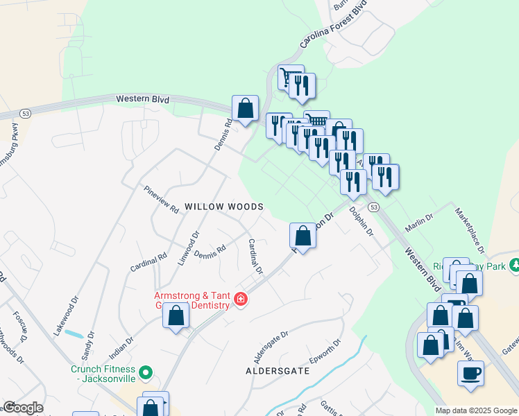 map of restaurants, bars, coffee shops, grocery stores, and more near 202 Dennis Road in Jacksonville