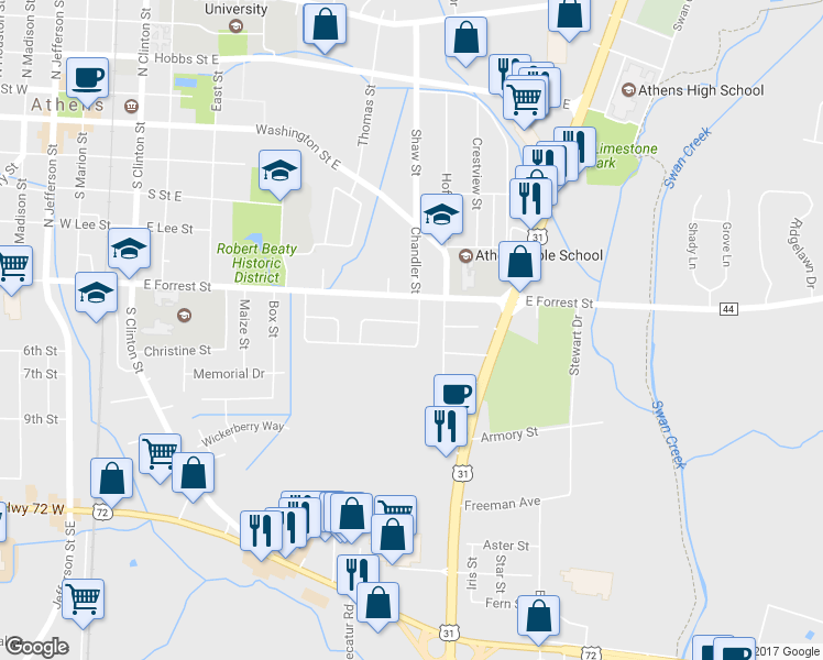 map of restaurants, bars, coffee shops, grocery stores, and more near 912 Brahma Street in Athens