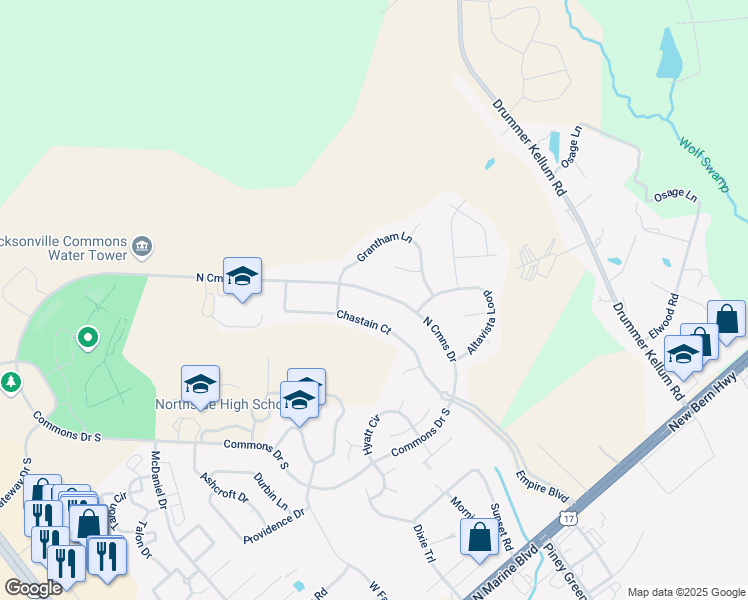 map of restaurants, bars, coffee shops, grocery stores, and more near 921 Commons Drive North in Jacksonville