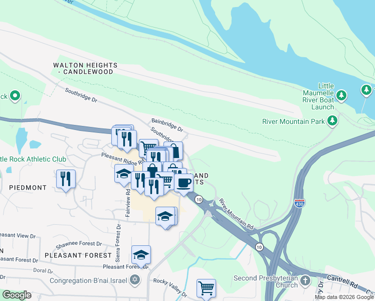 map of restaurants, bars, coffee shops, grocery stores, and more near 11300 Southridge Drive in Little Rock