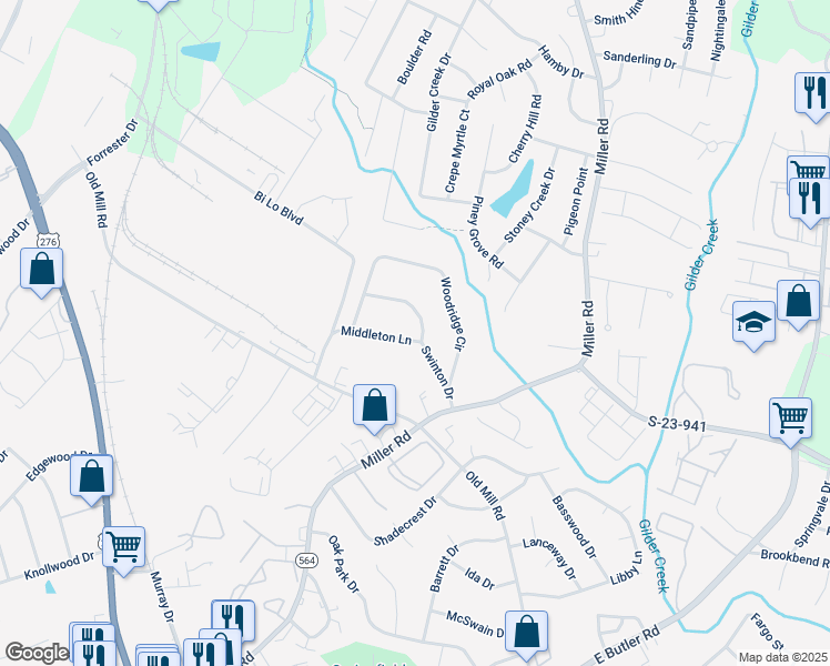 map of restaurants, bars, coffee shops, grocery stores, and more near 102 Middleton Lane in Greenville