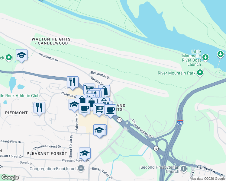 map of restaurants, bars, coffee shops, grocery stores, and more near 11300 Southridge Drive in Little Rock
