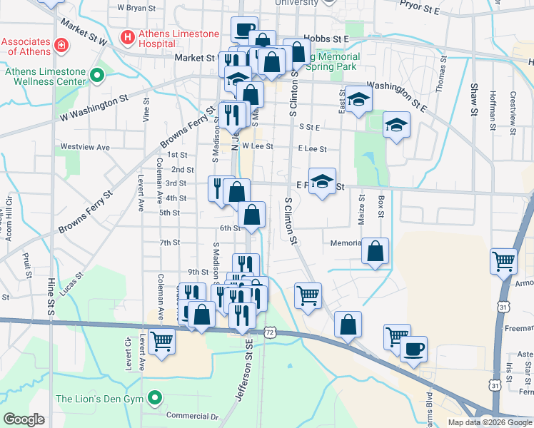 map of restaurants, bars, coffee shops, grocery stores, and more near 501-504 Henry Drive in Athens