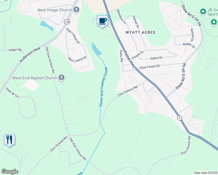 map of restaurants, bars, coffee shops, grocery stores, and more near 157 Zion School Road in Easley