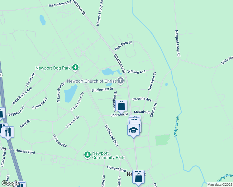 map of restaurants, bars, coffee shops, grocery stores, and more near 2106 Thompson Drive in Newport