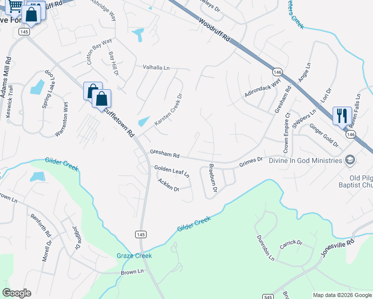 map of restaurants, bars, coffee shops, grocery stores, and more near 117 Gresham Road in Simpsonville