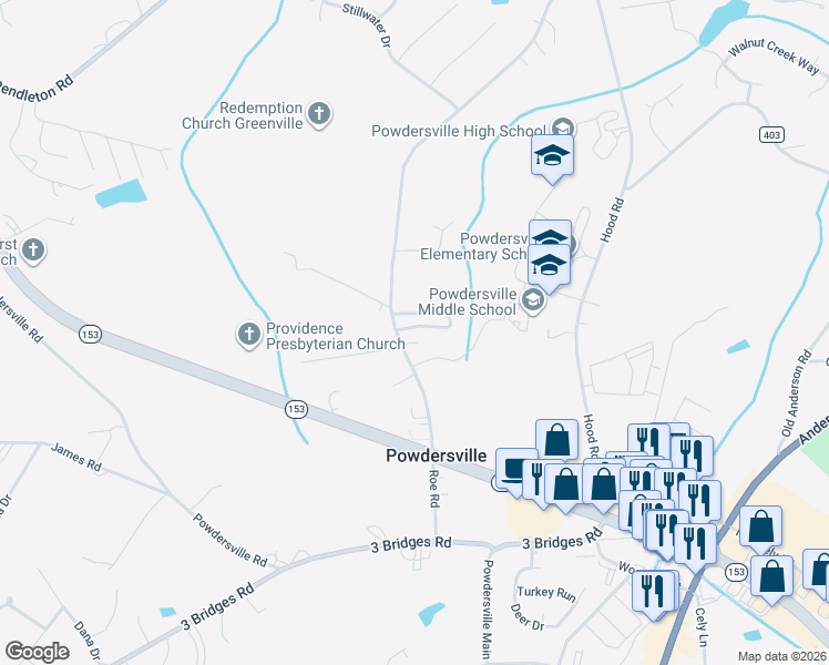 map of restaurants, bars, coffee shops, grocery stores, and more near 202 Roe Road in Greenville