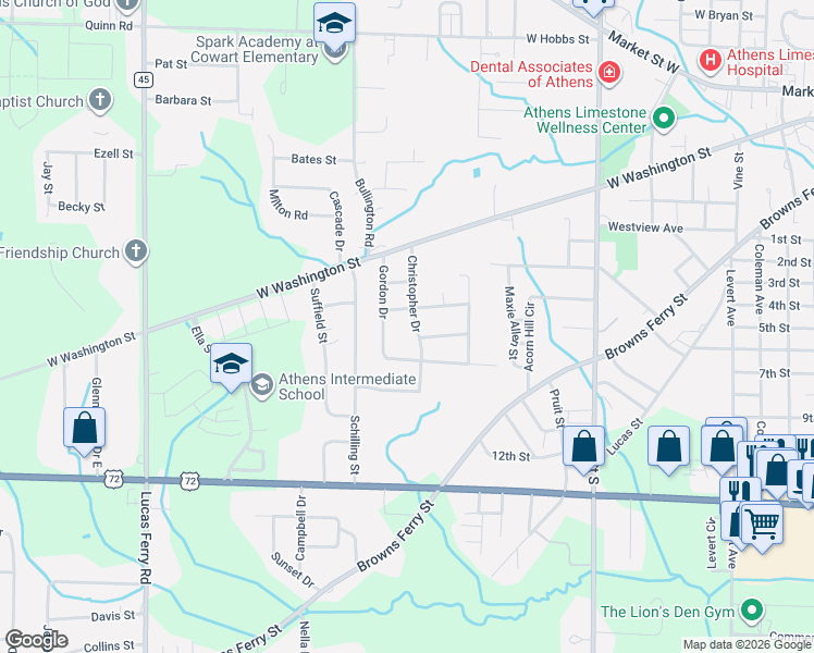 map of restaurants, bars, coffee shops, grocery stores, and more near 314 Christopher Drive in Athens