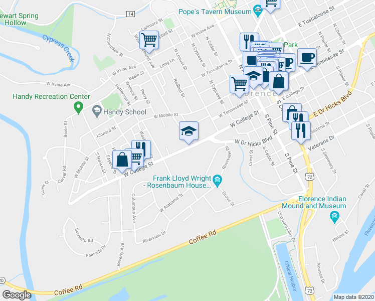 map of restaurants, bars, coffee shops, grocery stores, and more near 609 West College Street in Florence